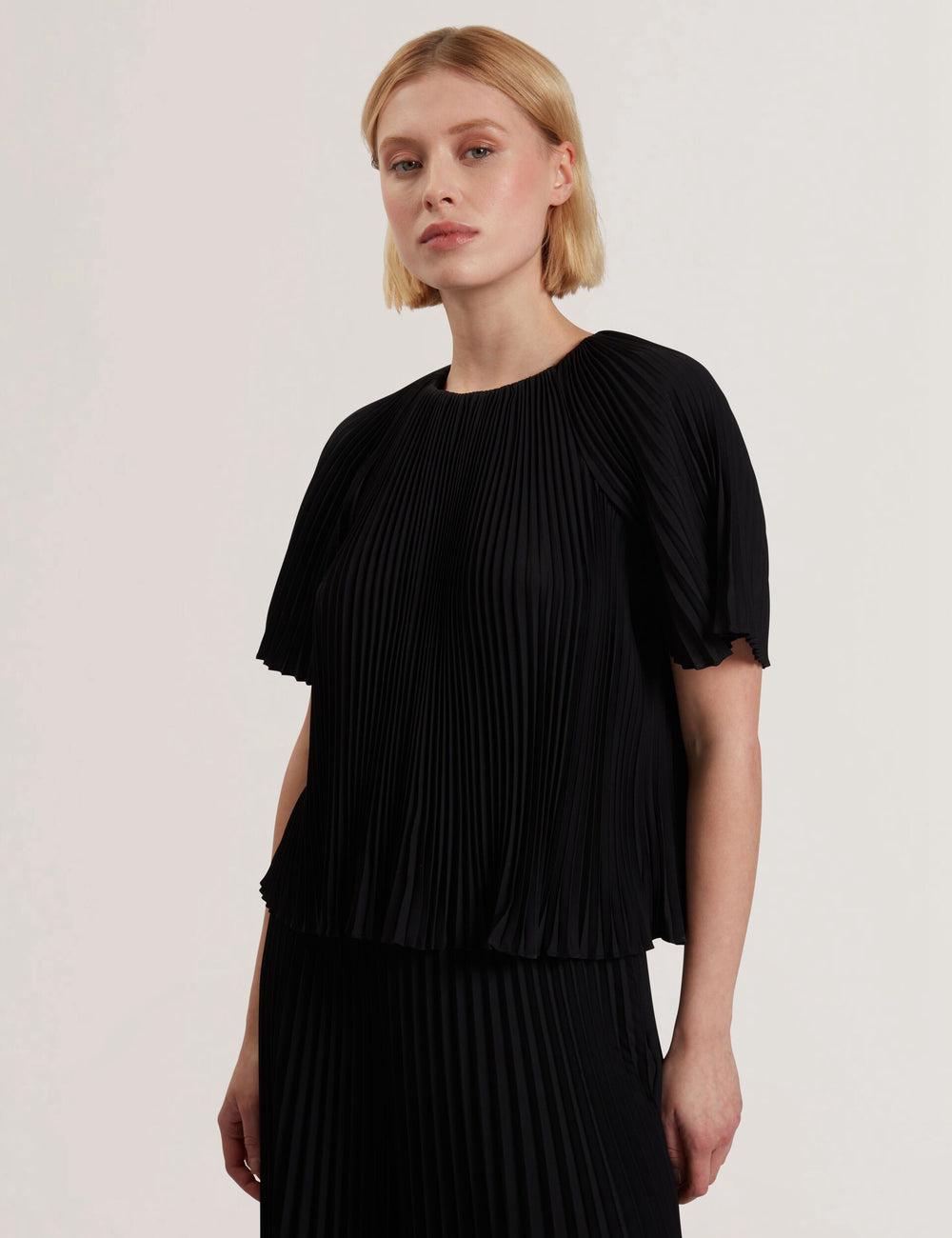Ted Baker AGARA - Pleated Short Sleeve Woven Blouse Dames Zwart | Belgium  632179-DNA