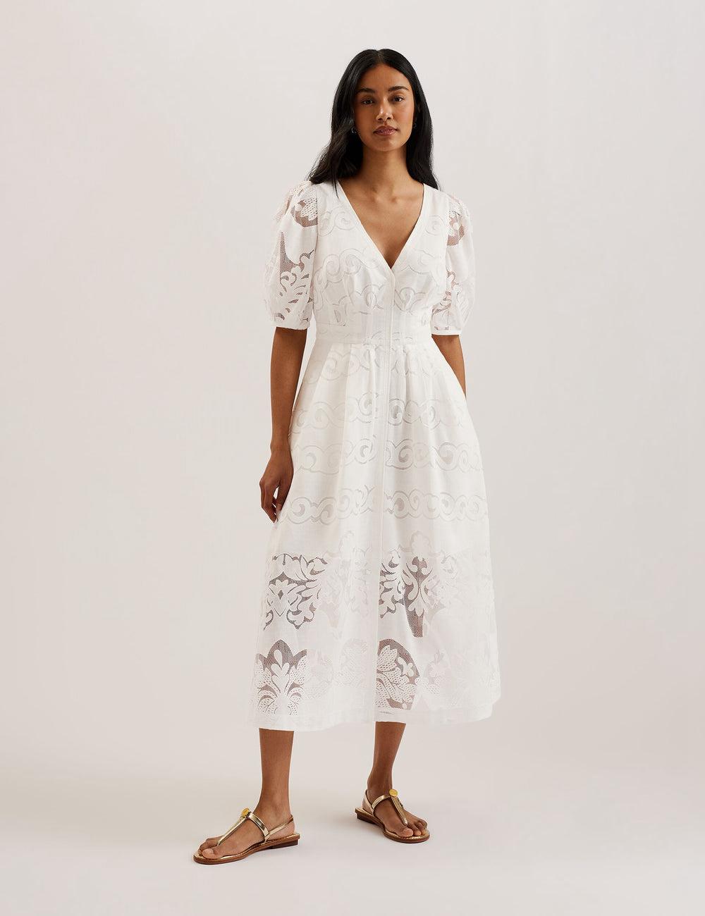 Ted Baker AGNEL - Lace Puff Sleeve Cotton Blend Midi-jurk Dames Wit | Belgium  197426-HCK