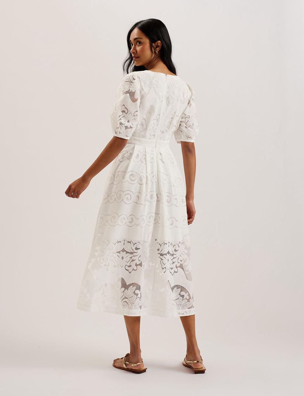 Ted Baker AGNEL - Lace Puff Sleeve Cotton Blend Midi-jurk Dames Wit | Belgium  197426-HCK