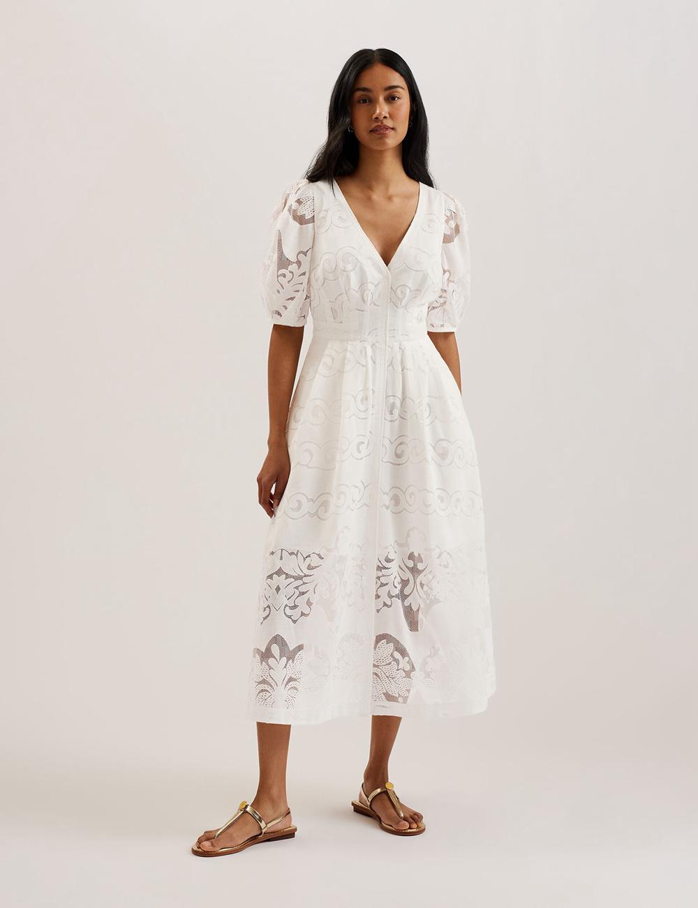 Ted Baker AGNEL - Lace Puff Sleeve Cotton Blend Midi-jurk Dames Wit | Belgium  197426-HCK
