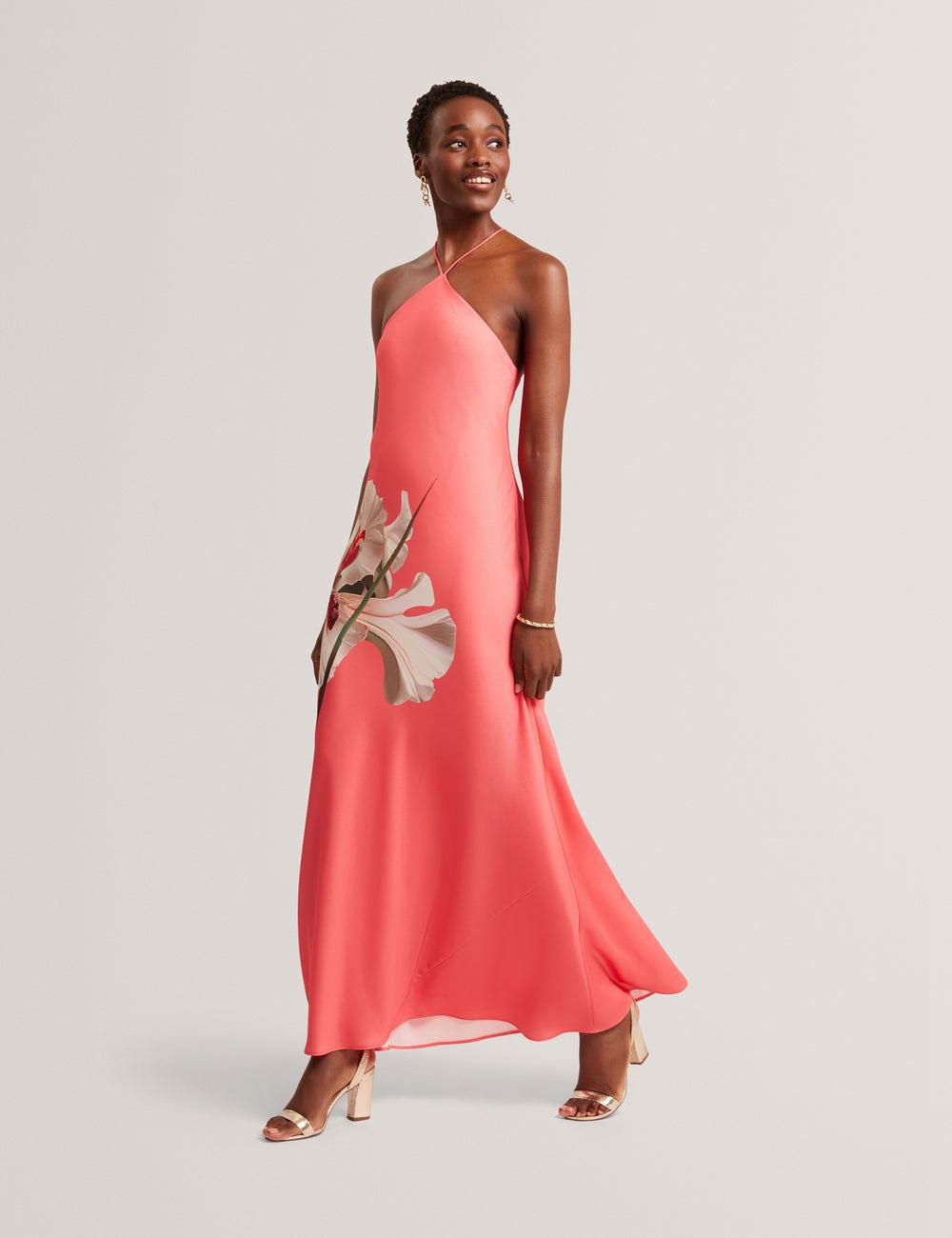 Ted Baker AJIMA - Floral Graphic Halter Neck Satin Maxi Jurk Dames Koraal | Belgium  786504-HEF