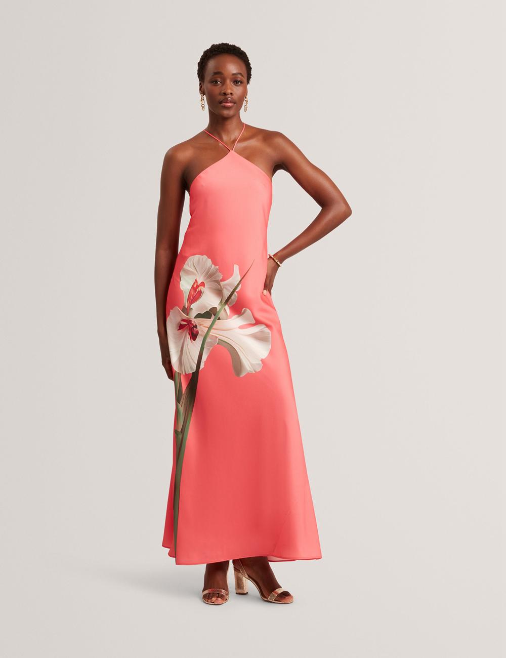 Ted Baker AJIMA - Floral Graphic Halter Neck Satin Maxi Jurk Dames Koraal | Belgium  786504-HEF