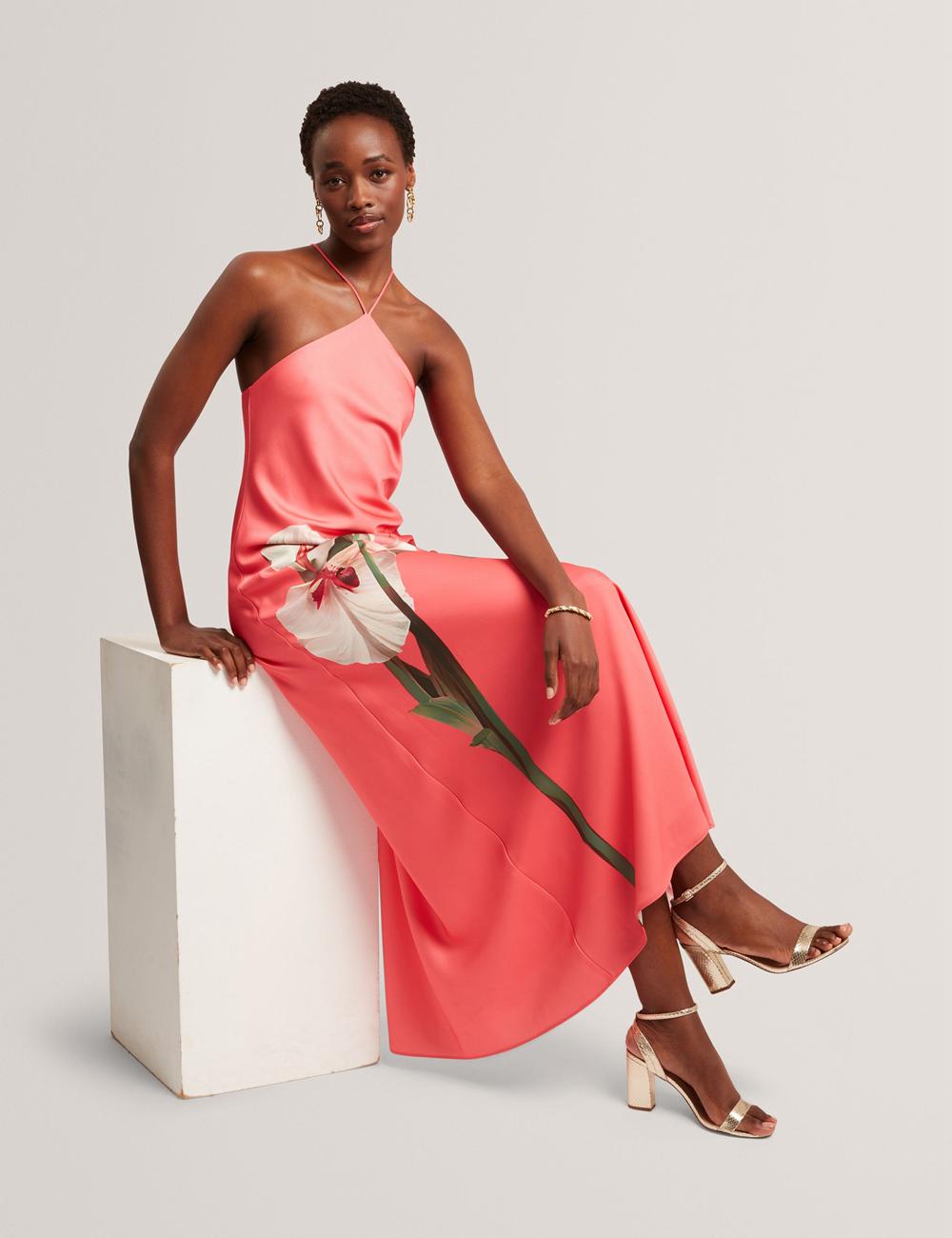 Ted Baker AJIMA - Floral Graphic Halter Neck Satin Maxi Jurk Dames Koraal | Belgium  786504-HEF