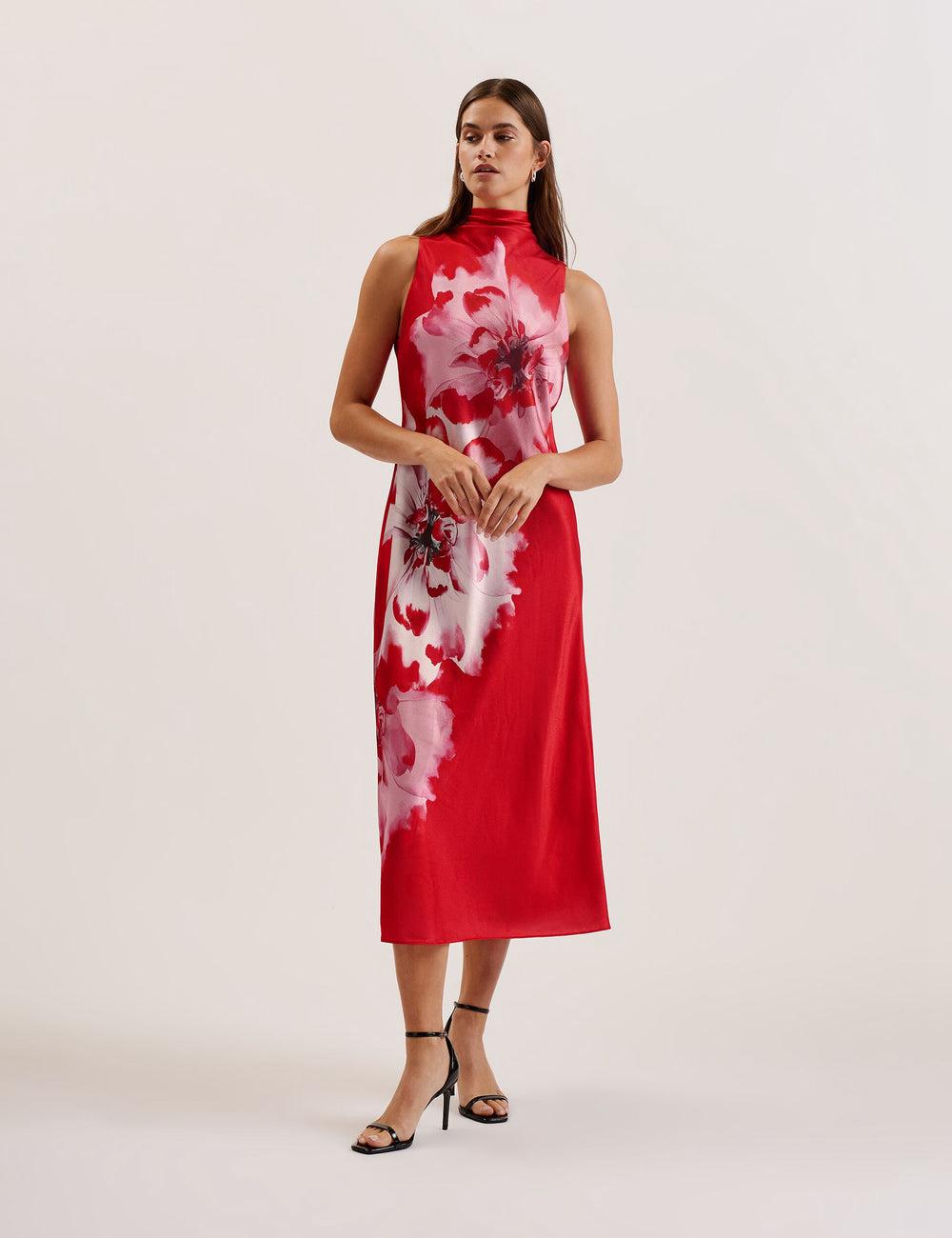 Ted Baker ALIARA - Floral Satin High Neck Sleeveless Midi-jurk Dames Rood | Belgium  538406-SDY