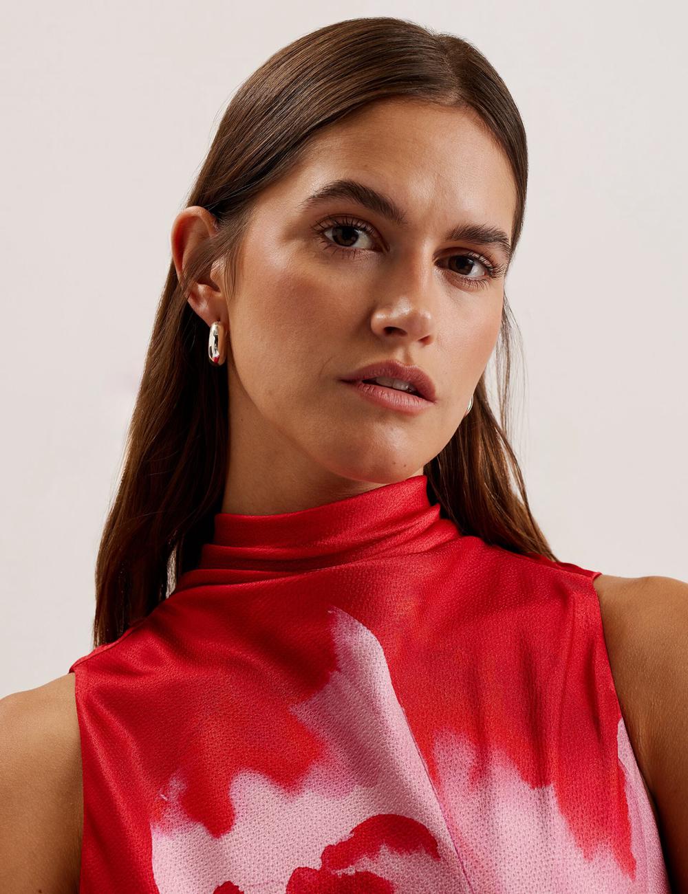 Ted Baker ALIARA - Floral Satin High Neck Sleeveless Midi-jurk Dames Rood | Belgium  538406-SDY
