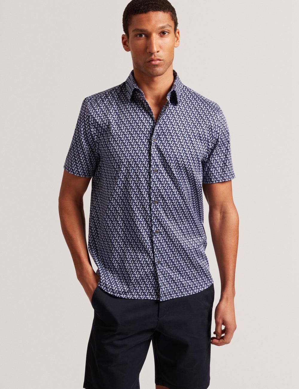 Ted Baker ALPHSO SS Regular Fit Geo Overhemd Heren Donkerblauw | Belgium  930476-CSB