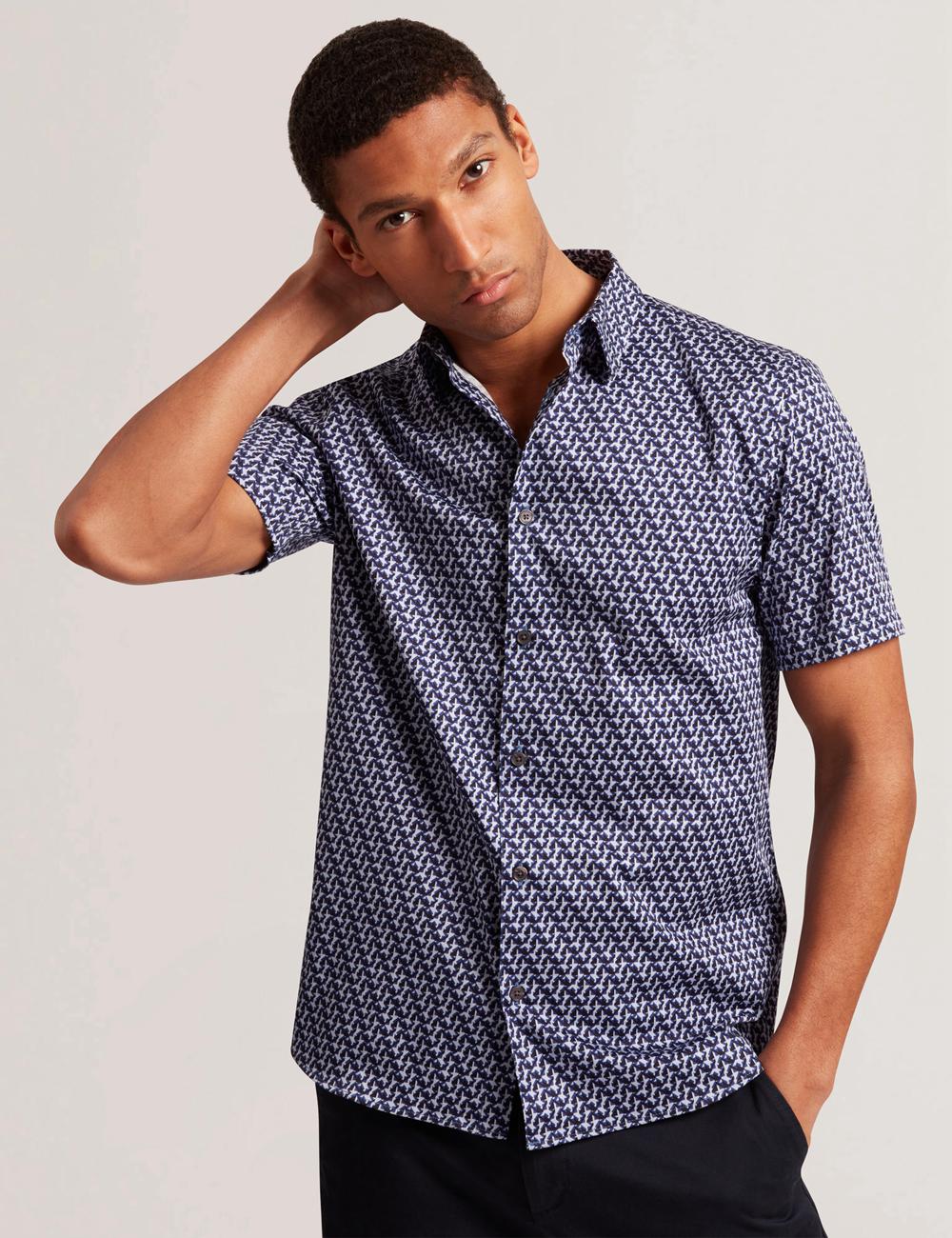 Ted Baker ALPHSO SS Regular Fit Geo Overhemd Heren Donkerblauw | Belgium  930476-CSB