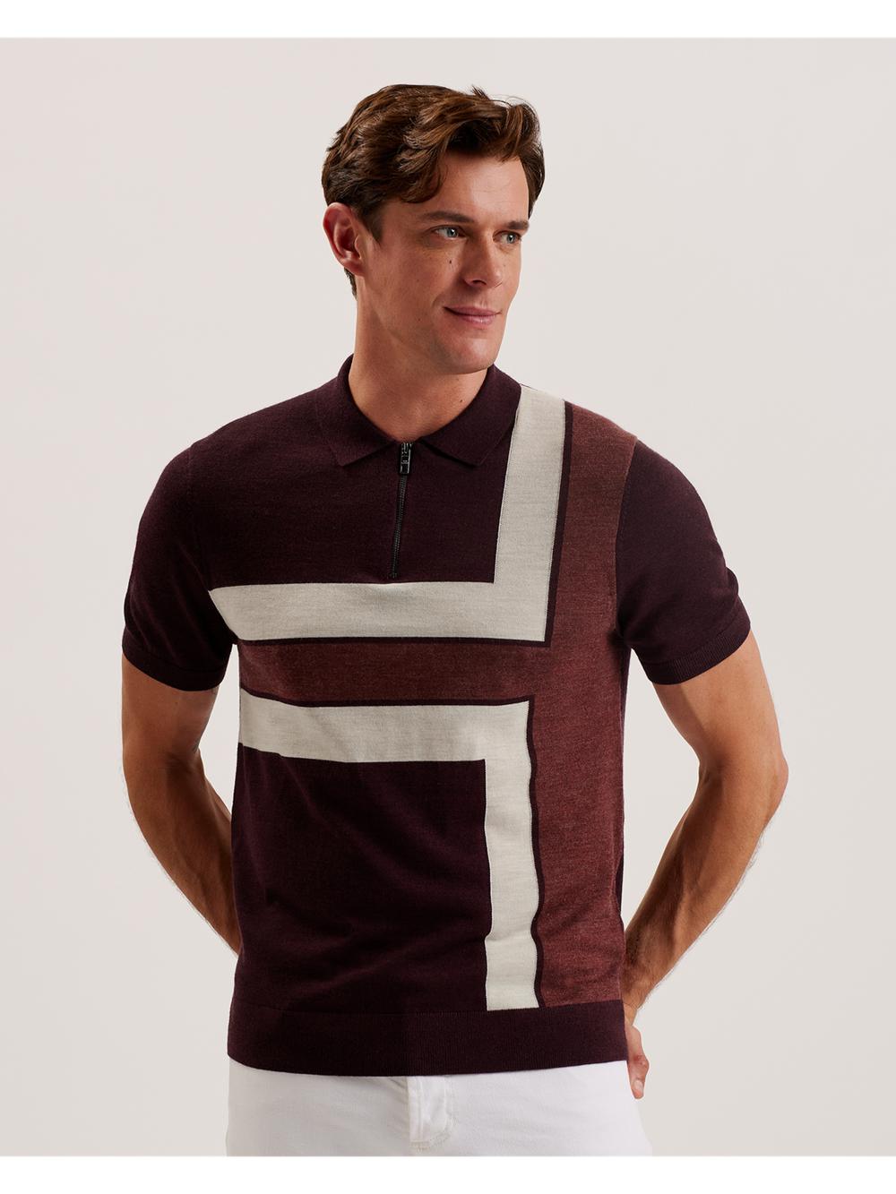 Ted Baker AMBLER - Colour Block Zip Neck Wool Poloshirt Heren Bordeaux | Belgium  028514-BXD