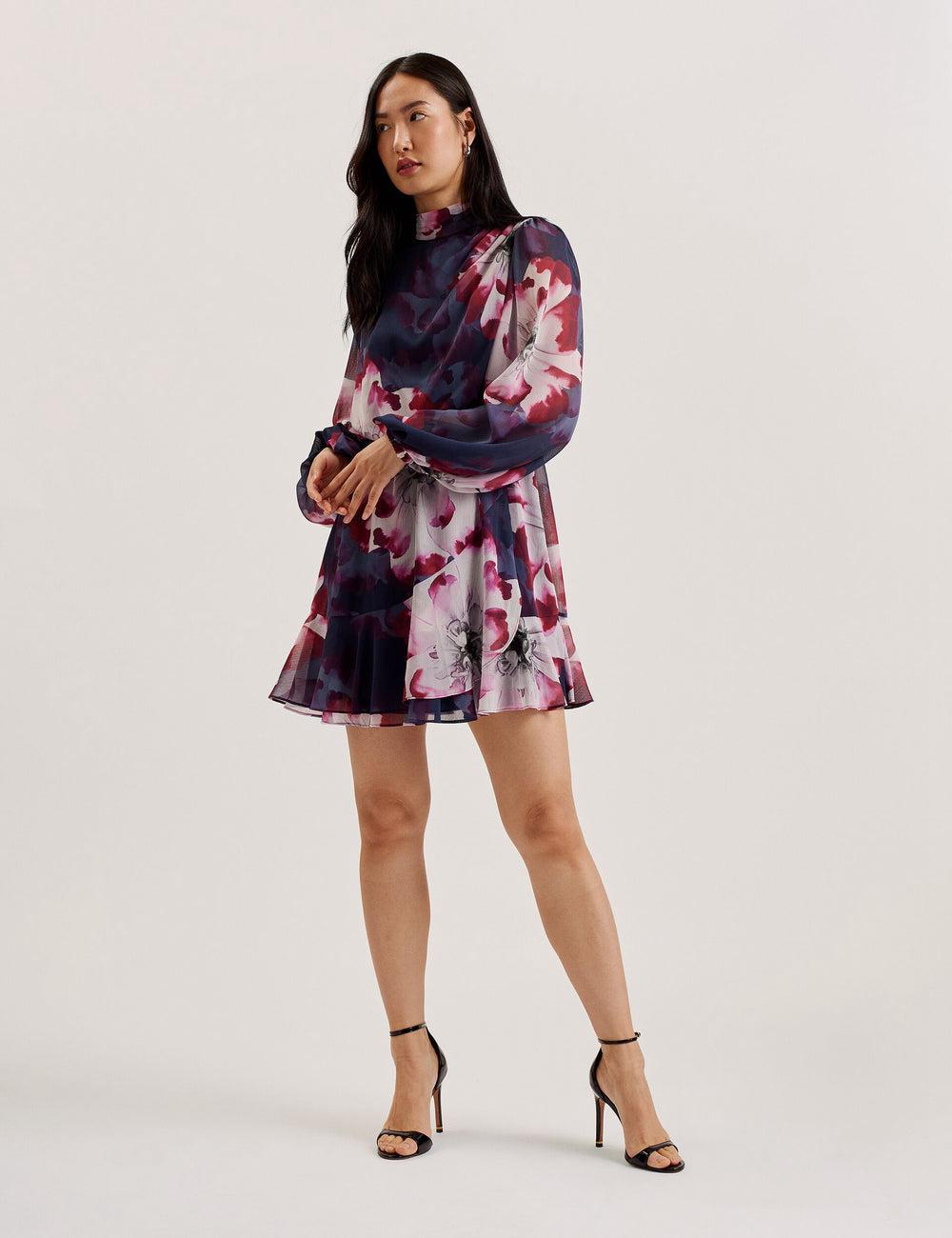 Ted Baker ARACELY - Floral High Neck Long Sleeve Mini-jurk Dames Donkerblauw | Belgium  746129-FCR