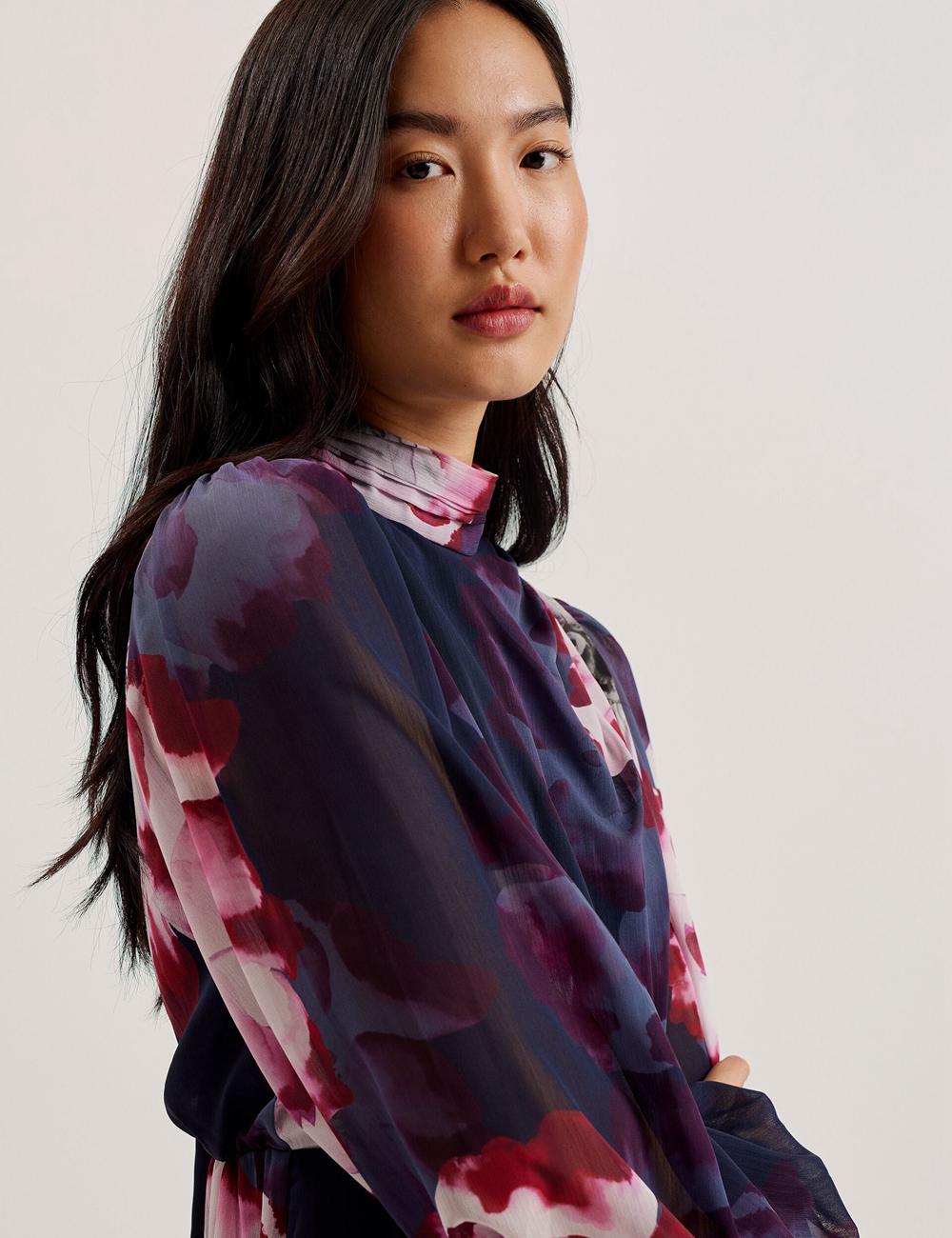 Ted Baker ARACELY - Floral High Neck Long Sleeve Mini-jurk Dames Donkerblauw | Belgium  746129-FCR