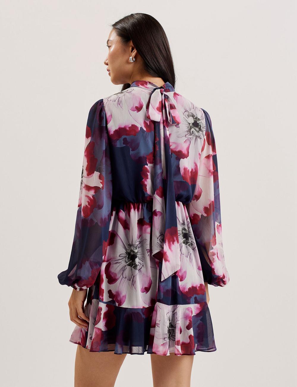 Ted Baker ARACELY - Floral High Neck Long Sleeve Mini-jurk Dames Donkerblauw | Belgium  746129-FCR