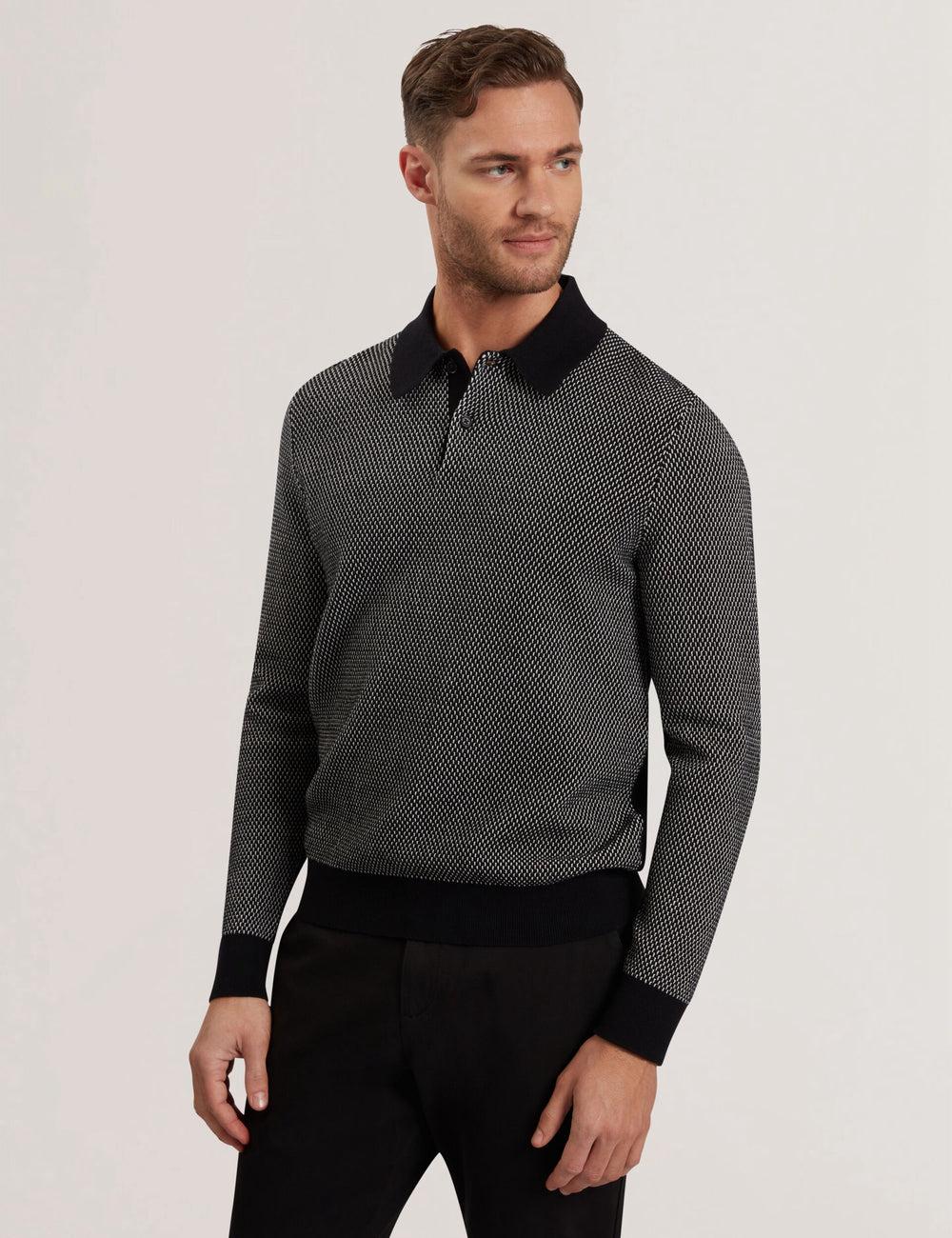 Ted Baker ARDO - Textured Knit Long Sleeve Poloshirt Heren Zwart | Belgium  903251-ECI