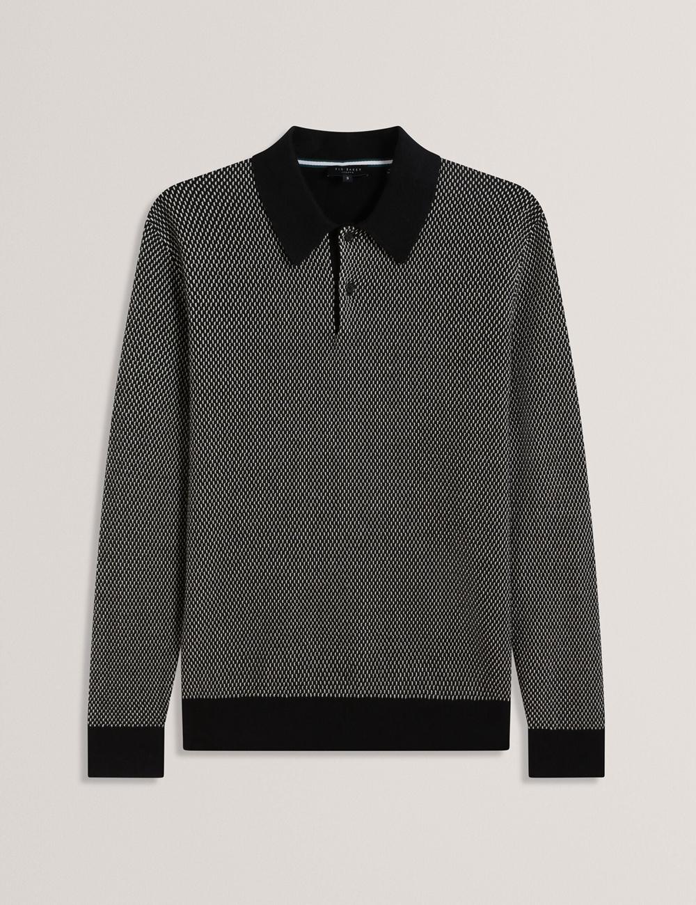 Ted Baker ARDO - Textured Knit Long Sleeve Poloshirt Heren Zwart | Belgium  903251-ECI