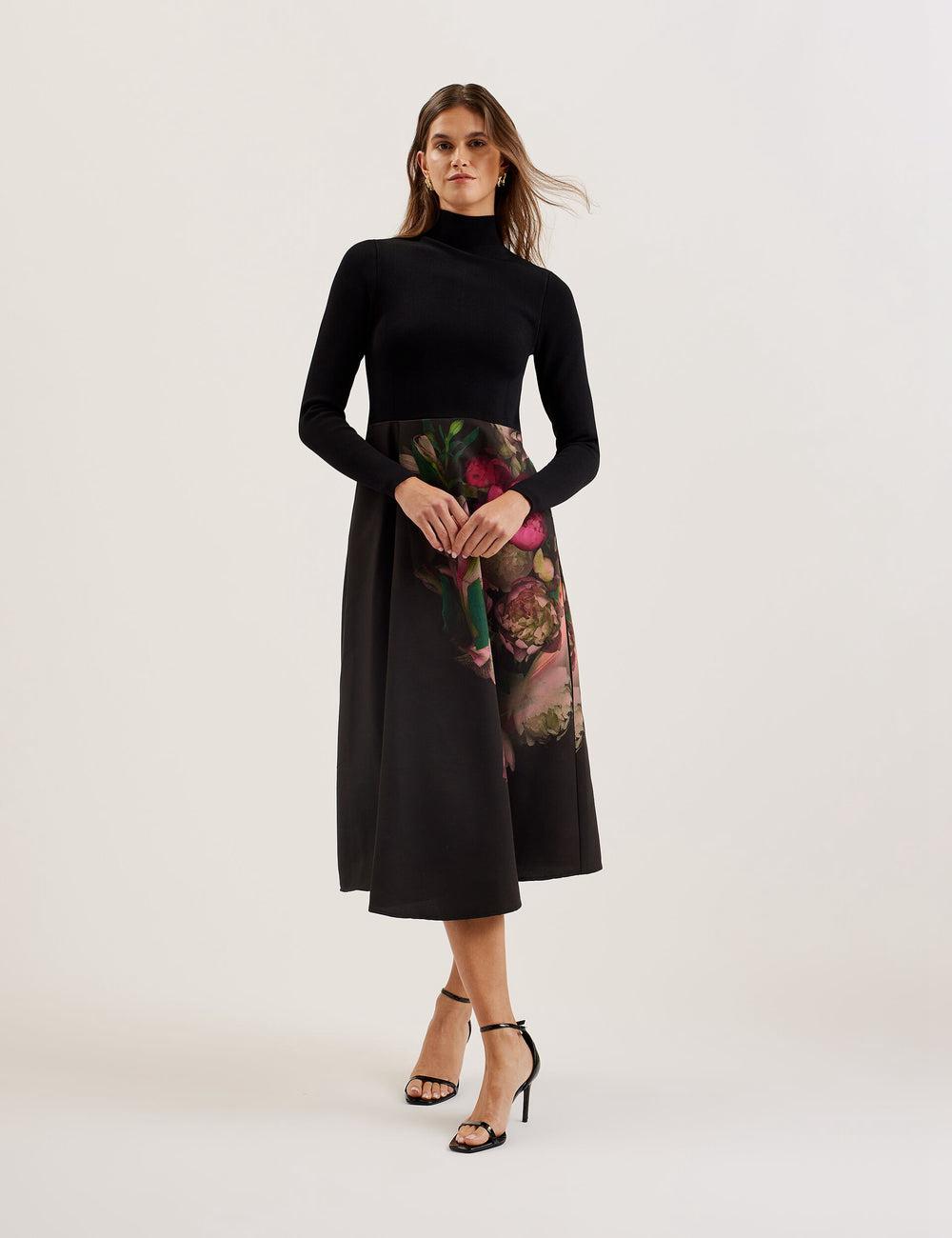 Ted Baker ASNES - Knit Bodice With Printed Skirt Midi-jurk Dames Zwart | Belgium  140852-HGD