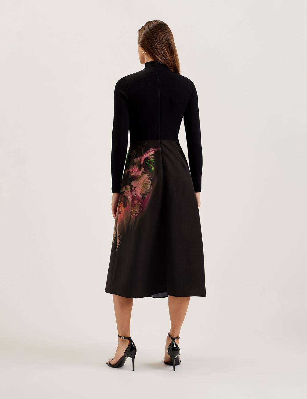 Ted Baker ASNES - Knit Bodice With Printed Skirt Midi-jurk Dames Zwart | Belgium  140852-HGD