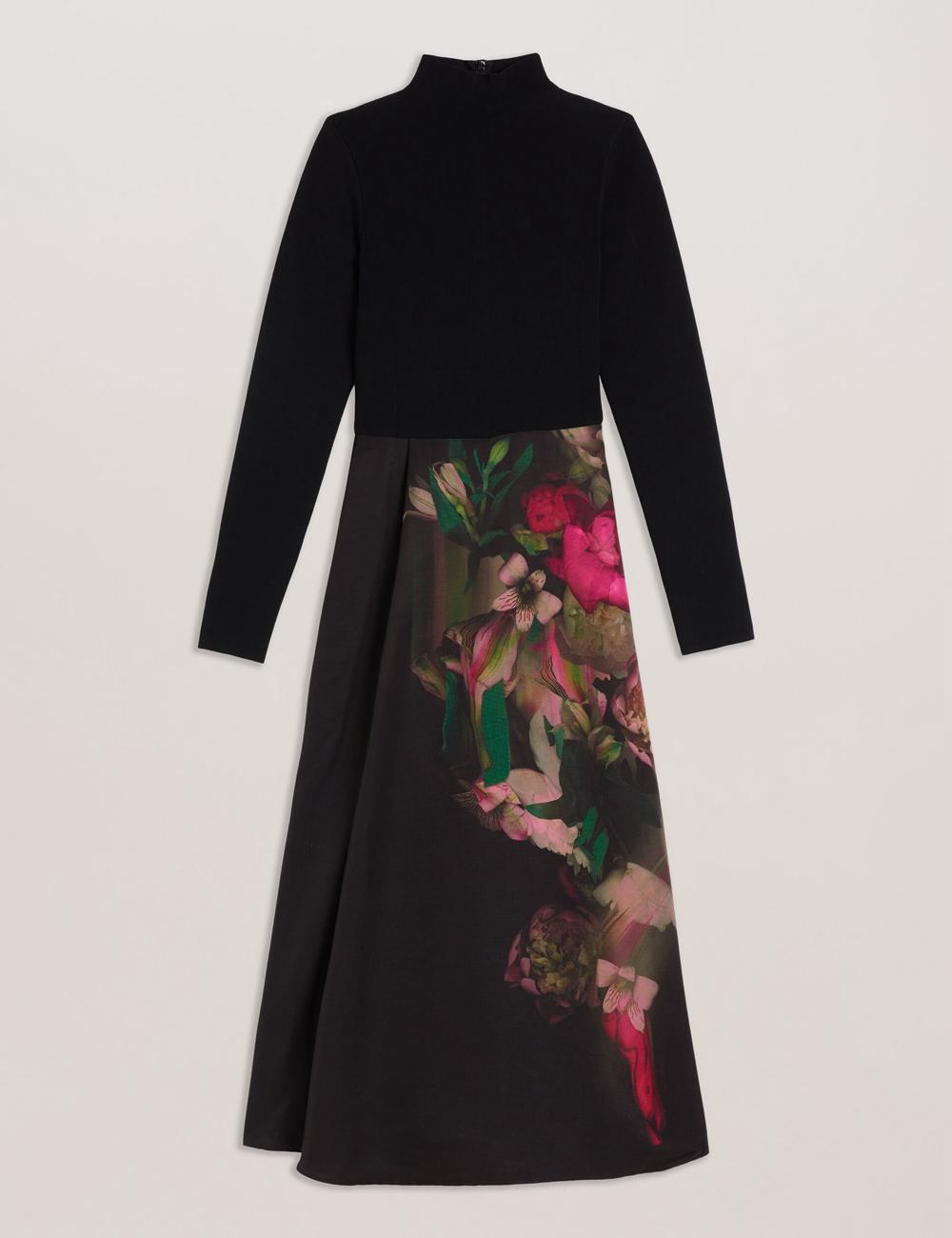 Ted Baker ASNES - Knit Bodice With Printed Skirt Midi-jurk Dames Zwart | Belgium  140852-HGD