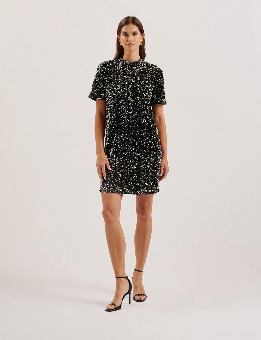 Ted Baker AUDRIYY - Sequin Embellished Velvet Shift Mini-jurk Dames Zwart | Belgium  785603-CRY