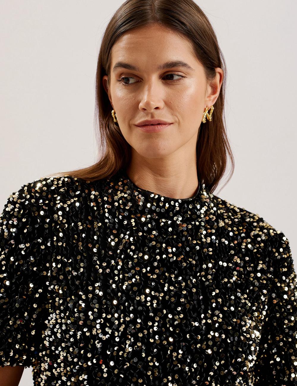 Ted Baker AUDRIYY - Sequin Embellished Velvet Shift Mini-jurk Dames Zwart | Belgium  785603-CRY