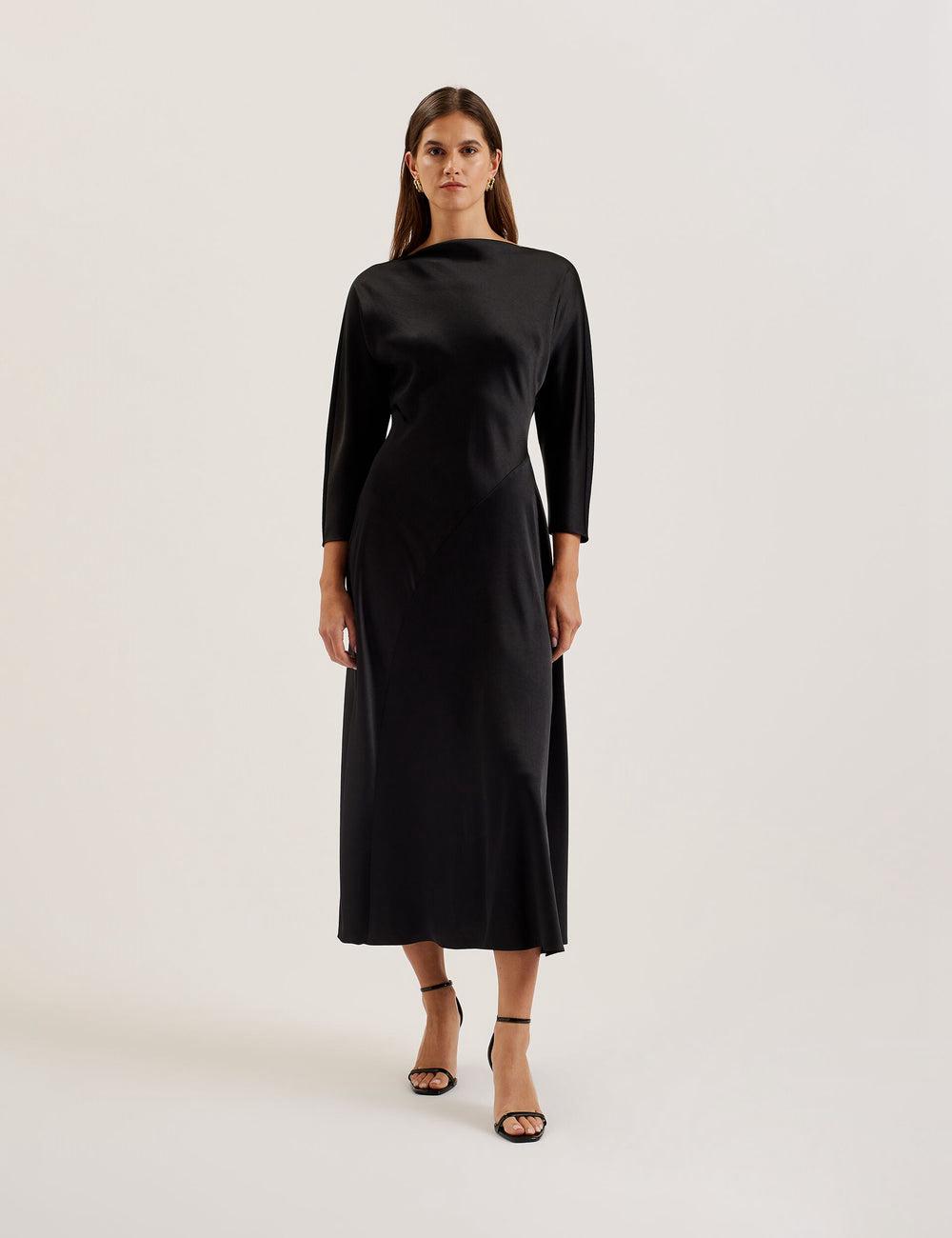 Ted Baker AVELLI - Satin Boat Neck A-Line Midi-jurk Dames Zwart | Belgium  562908-EDC