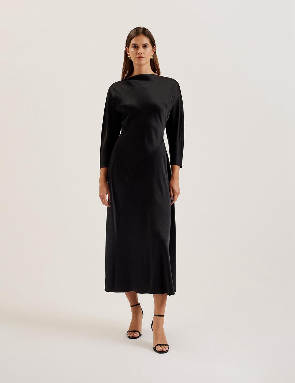 Ted Baker AVELLI - Satin Boat Neck A-Line Midi-jurk Dames Zwart | Belgium  562908-EDC