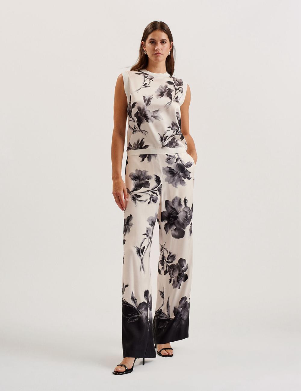 Ted Baker AWYNA - Floral Print Pull-On Wide Leg Broek Dames Zwart | Belgium  908321-XJI