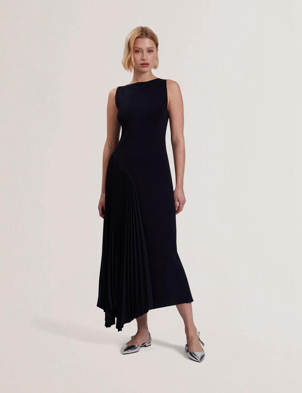 Ted Baker AZZINA - Pleated Panel Sleeveless Knitted Midi-jurk Dames Donkerblauw | Belgium  260781-OPR