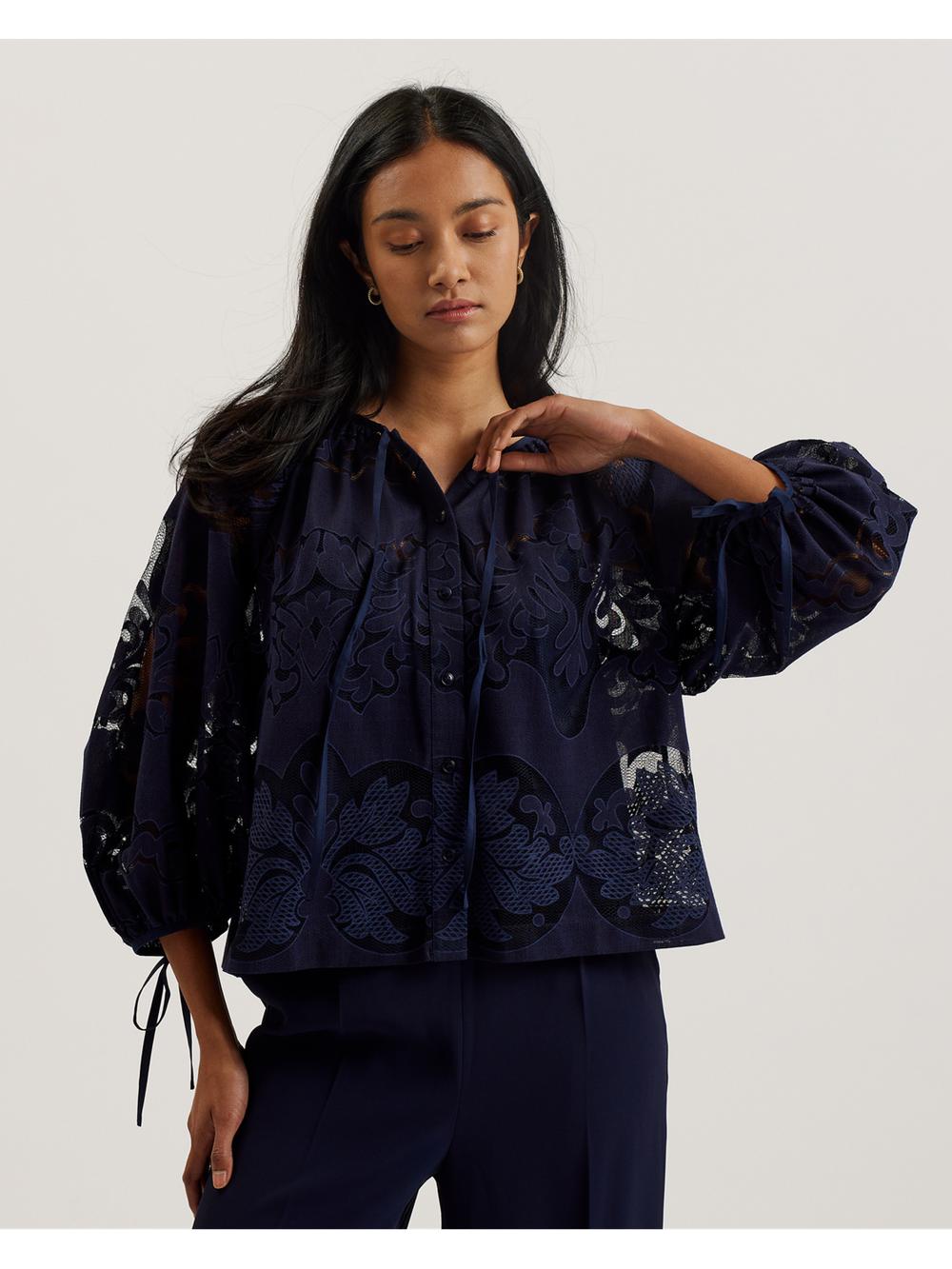 Ted Baker BACINA - Lace 3/4 Balloon Sleeve Blouse Dames Blauw | Belgium  063128-UEP