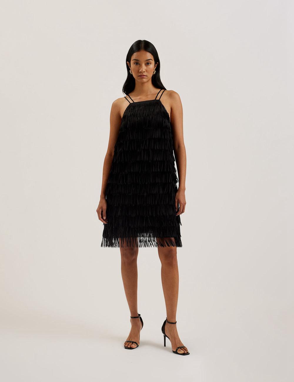 Ted Baker BARTIN - Fringed Sequin Halter Strap Mini-jurk Dames Zwart | Belgium  692018-GVD