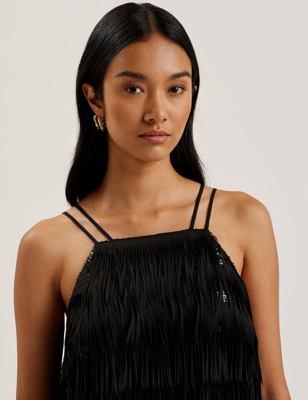 Ted Baker BARTIN - Fringed Sequin Halter Strap Mini-jurk Dames Zwart | Belgium  692018-GVD