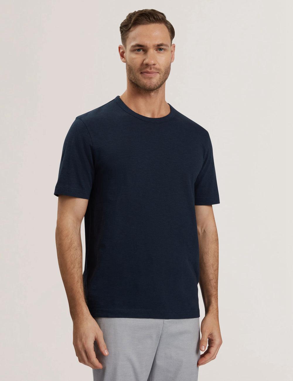 Ted Baker BARTOL - Regular Cotton Linen Crew Neck T-shirts Heren Donkerblauw | Belgium  159208-MJQ