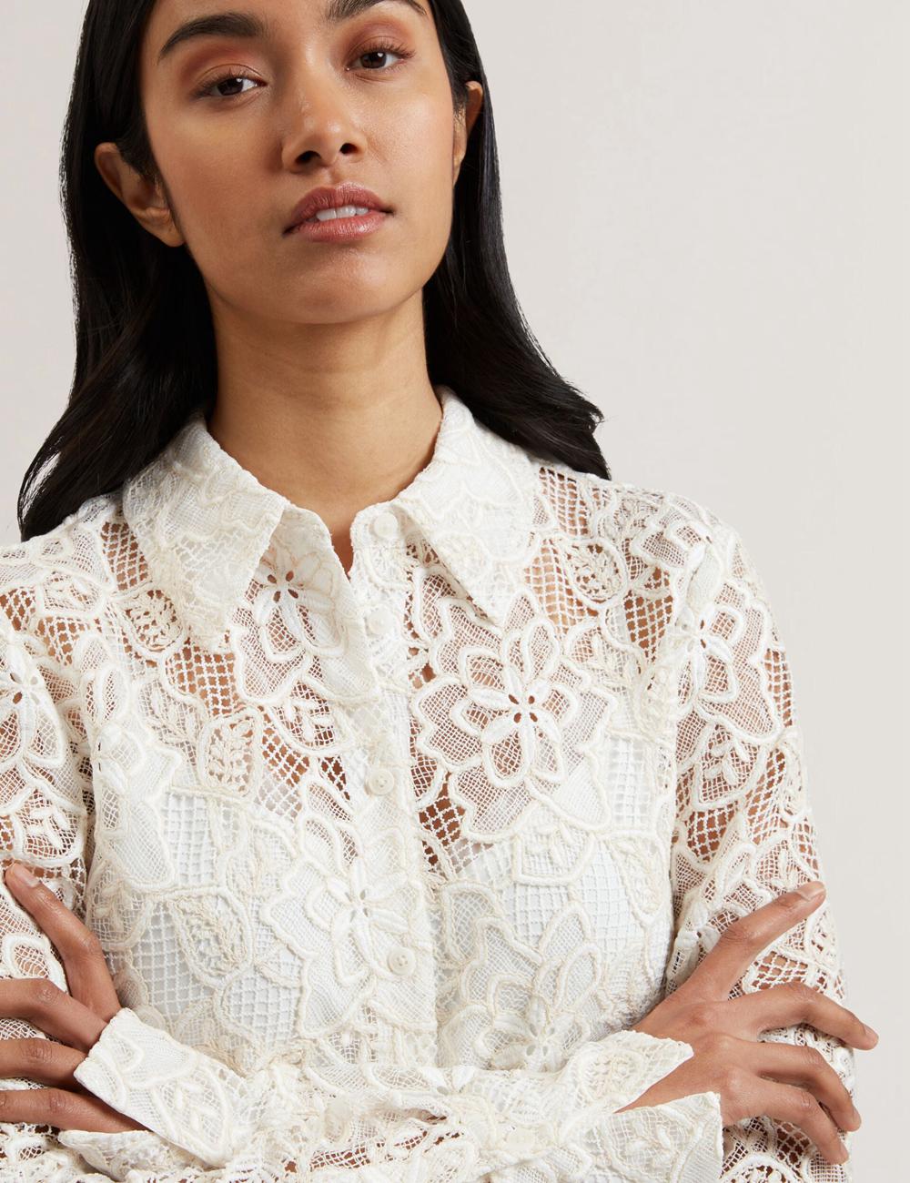 Ted Baker BLOND - Floral Lace Longline Cotton Shirt Topjes Dames Ivory | Belgium  654938-HWL