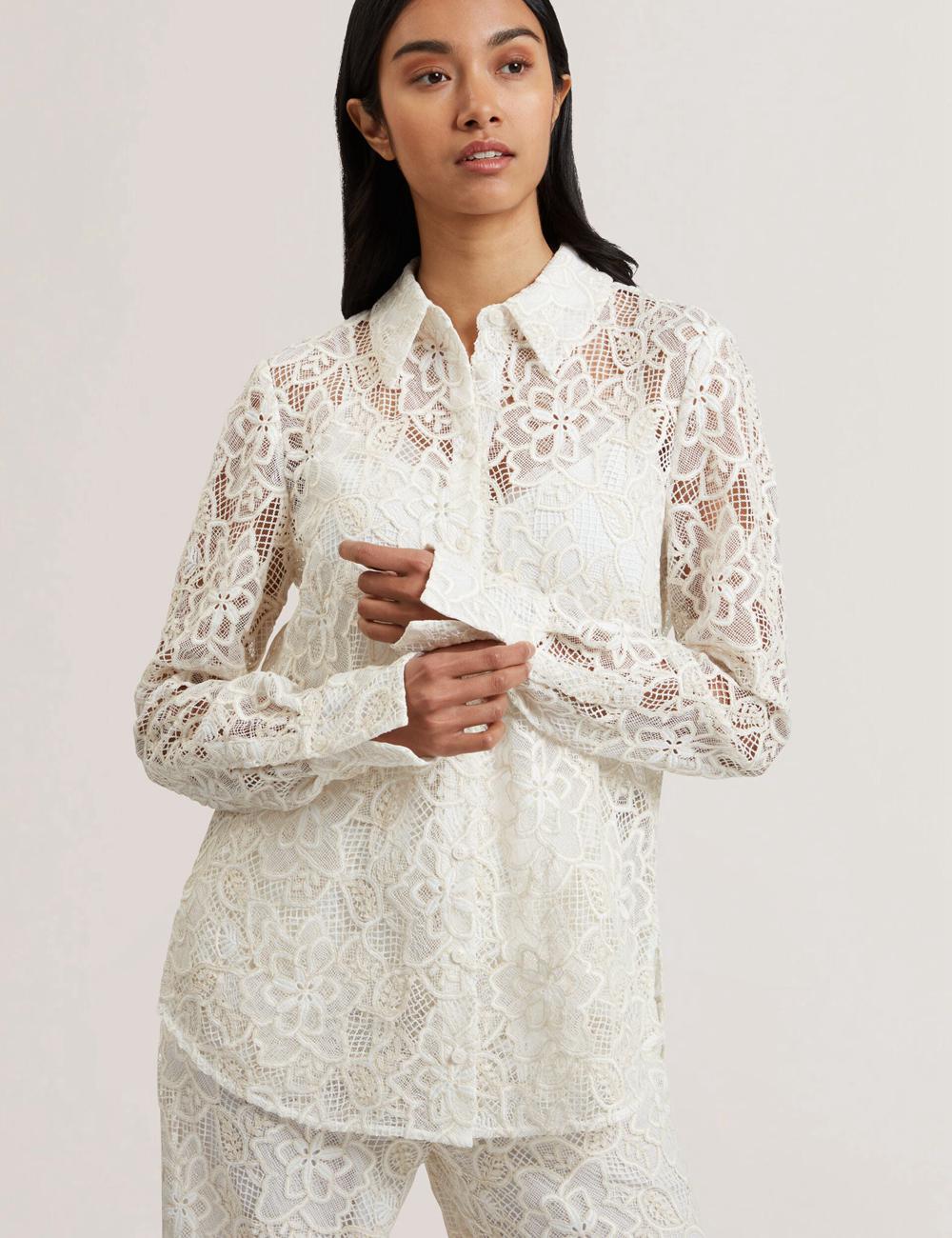 Ted Baker BLOND - Floral Lace Longline Cotton Shirt Topjes Dames Ivory | Belgium  654938-HWL