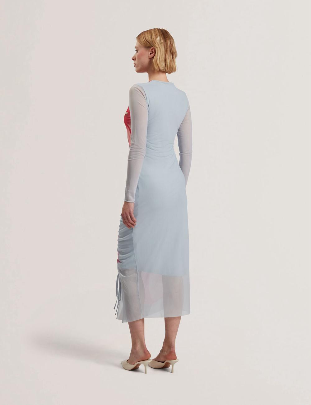Ted Baker BOXNINE - Printed Mesh Gathering Bodycon Midi-jurk Dames Blauw | Belgium  691428-KAC
