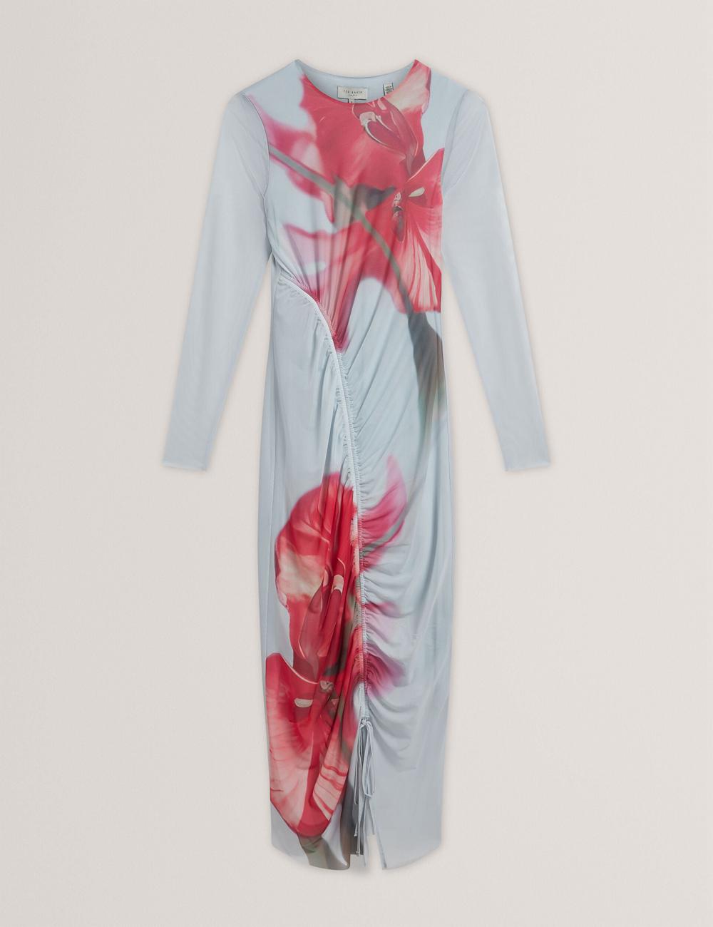 Ted Baker BOXNINE - Printed Mesh Gathering Bodycon Midi-jurk Dames Blauw | Belgium  691428-KAC