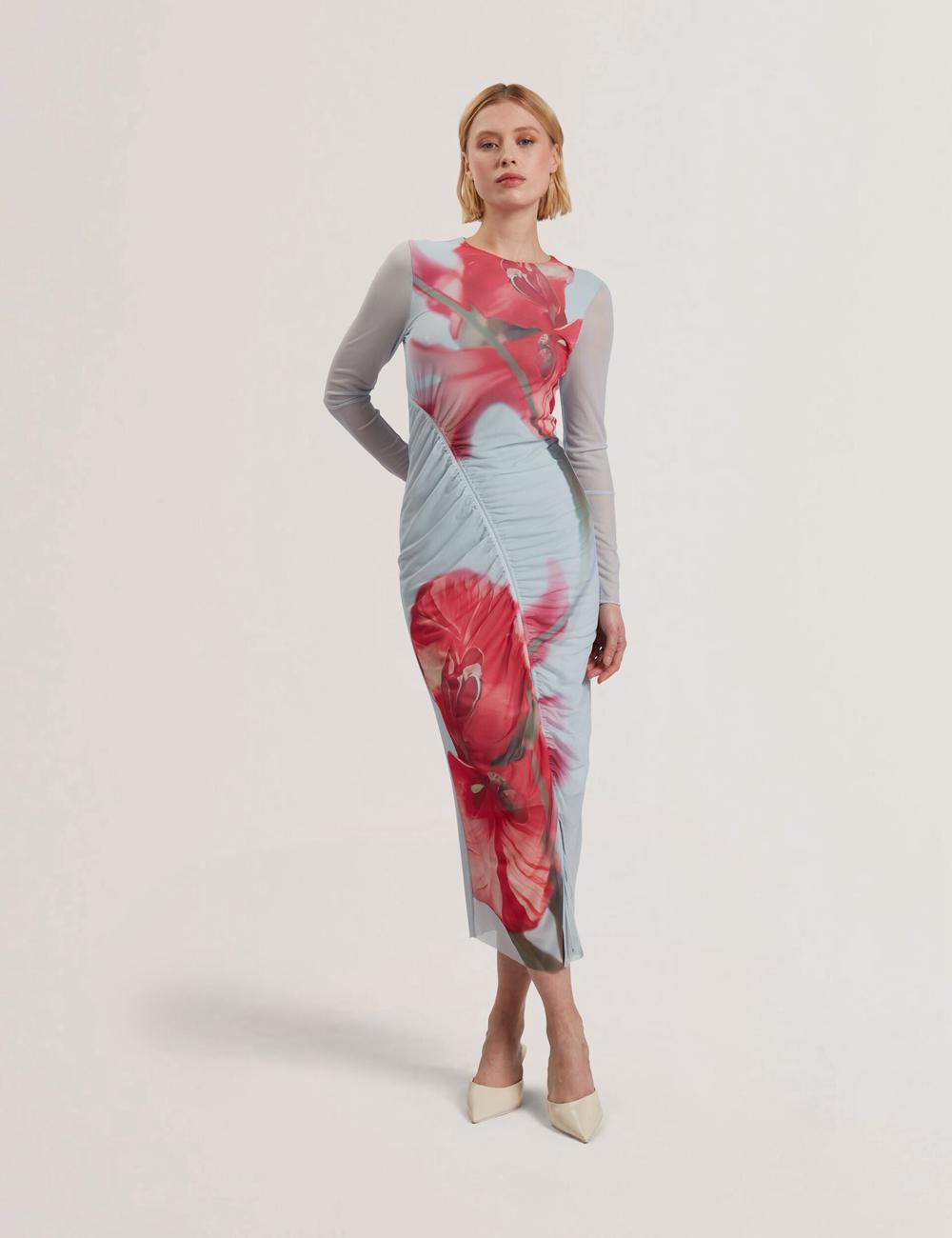 Ted Baker BOXNINE - Printed Mesh Gathering Bodycon Midi-jurk Dames Blauw | Belgium  691428-KAC