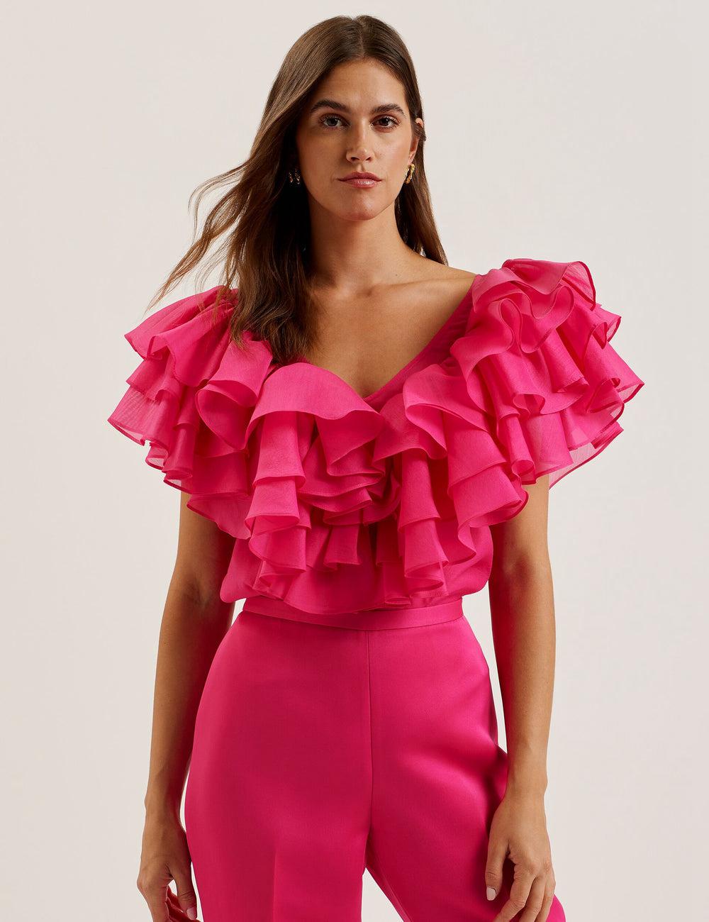 Ted Baker CALONDA - Oversized Frill Trim V-Neck Top Blouse Dames Fuchsie | Belgium  103654-VQZ