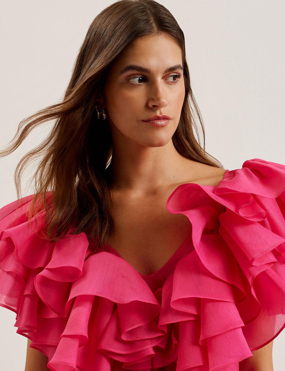 Ted Baker CALONDA - Oversized Frill Trim V-Neck Top Blouse Dames Fuchsie | Belgium  103654-VQZ