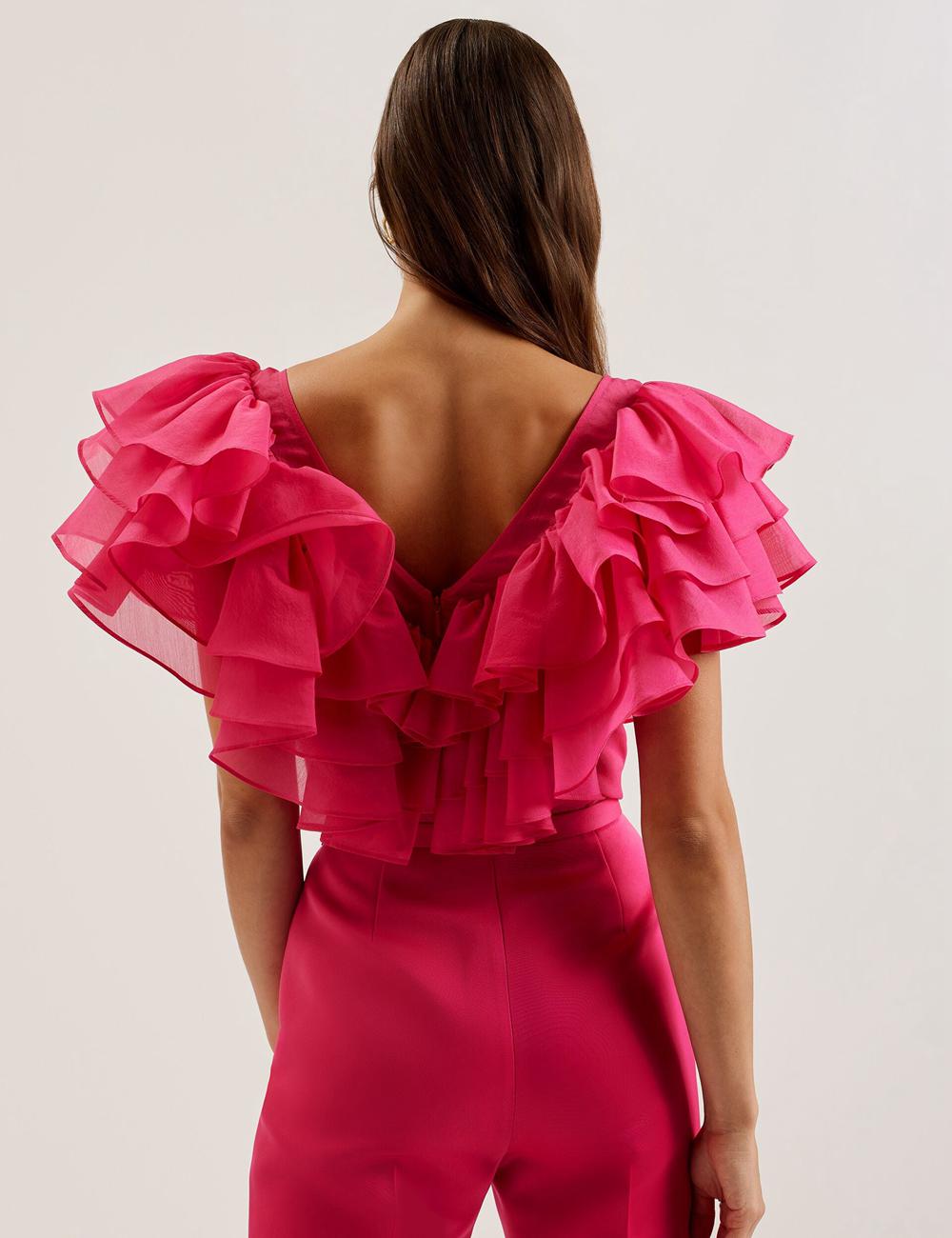 Ted Baker CALONDA - Oversized Frill Trim V-Neck Top Blouse Dames Fuchsie | Belgium  103654-VQZ