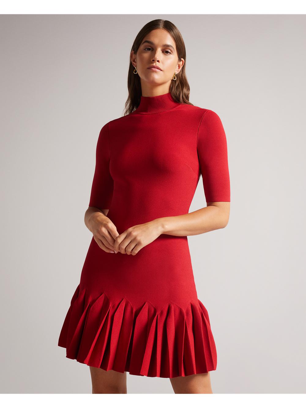 Ted Baker CANDDY - Pleated Hem Bodycon Knit Mini-jurk Dames Rood | Belgium  456203-NTX