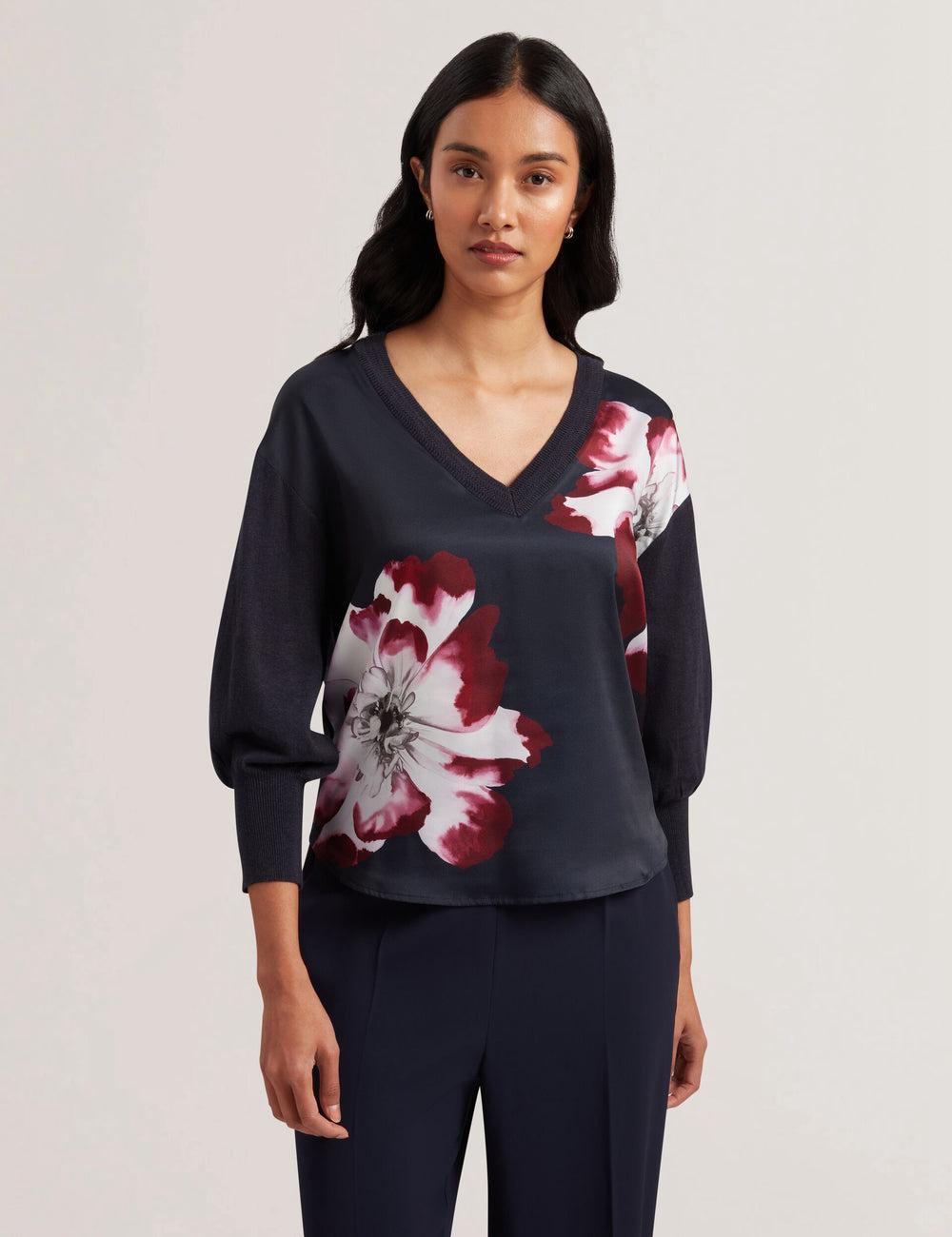 Ted Baker CASEYJ - Printed Woven Front V-Neck Jumpers Dames Donkerblauw | Belgium  792651-CFB