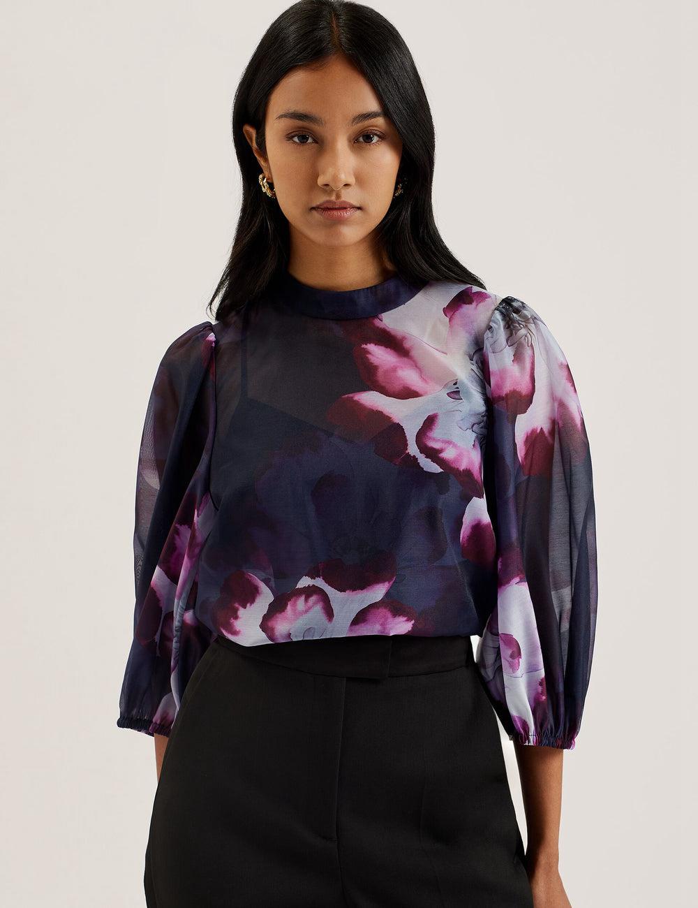 Ted Baker CATALO - Floral Print Balloon Sleeve Organza Top Blouse Dames Donkerblauw | Belgium  104639-NSA