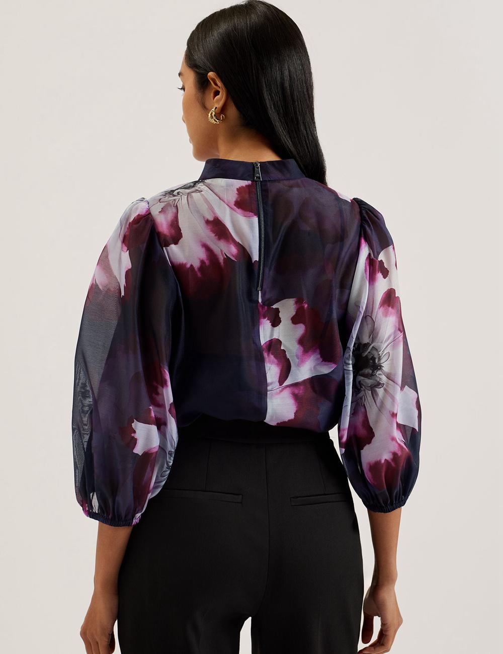 Ted Baker CATALO - Floral Print Balloon Sleeve Organza Top Blouse Dames Donkerblauw | Belgium  104639-NSA