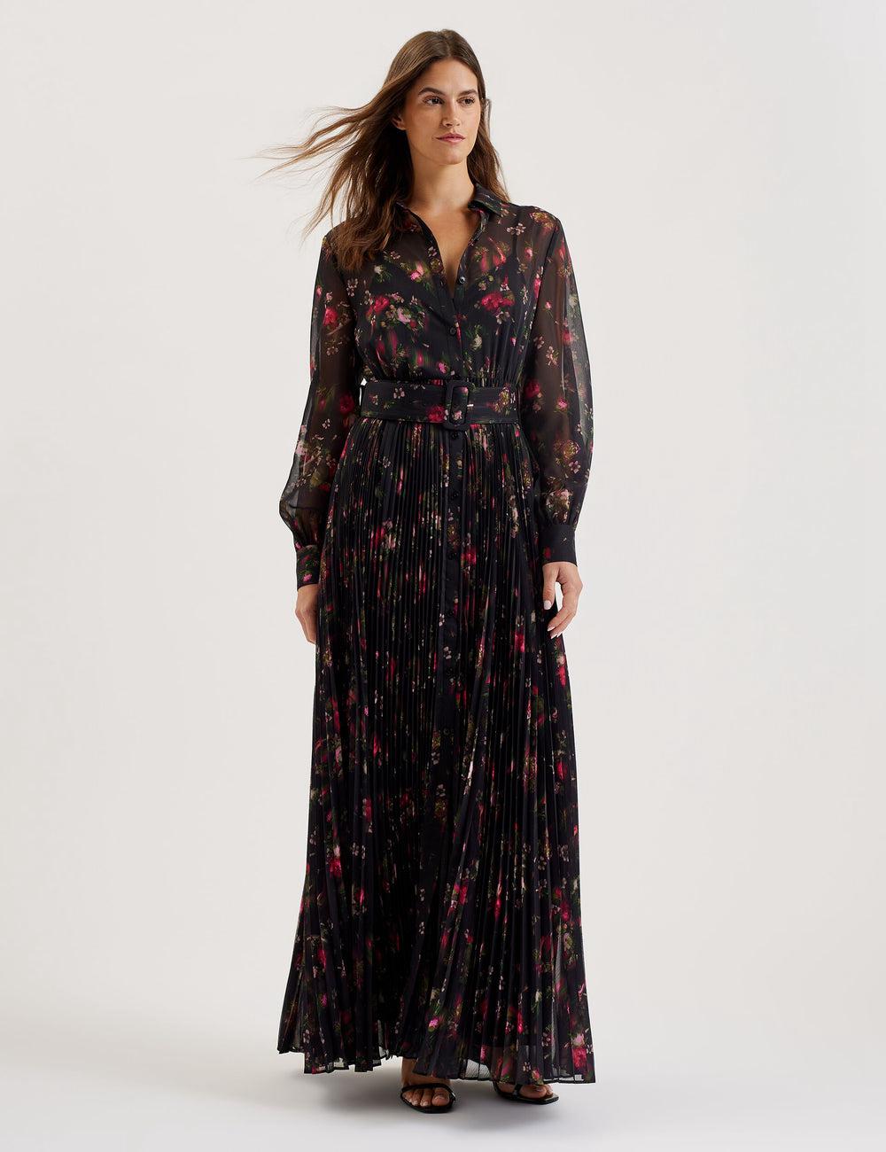 Ted Baker CEIBA - Floral Print Pleated Maxi Shirt Maxi Jurk Dames Zwart | Belgium  798031-JTX