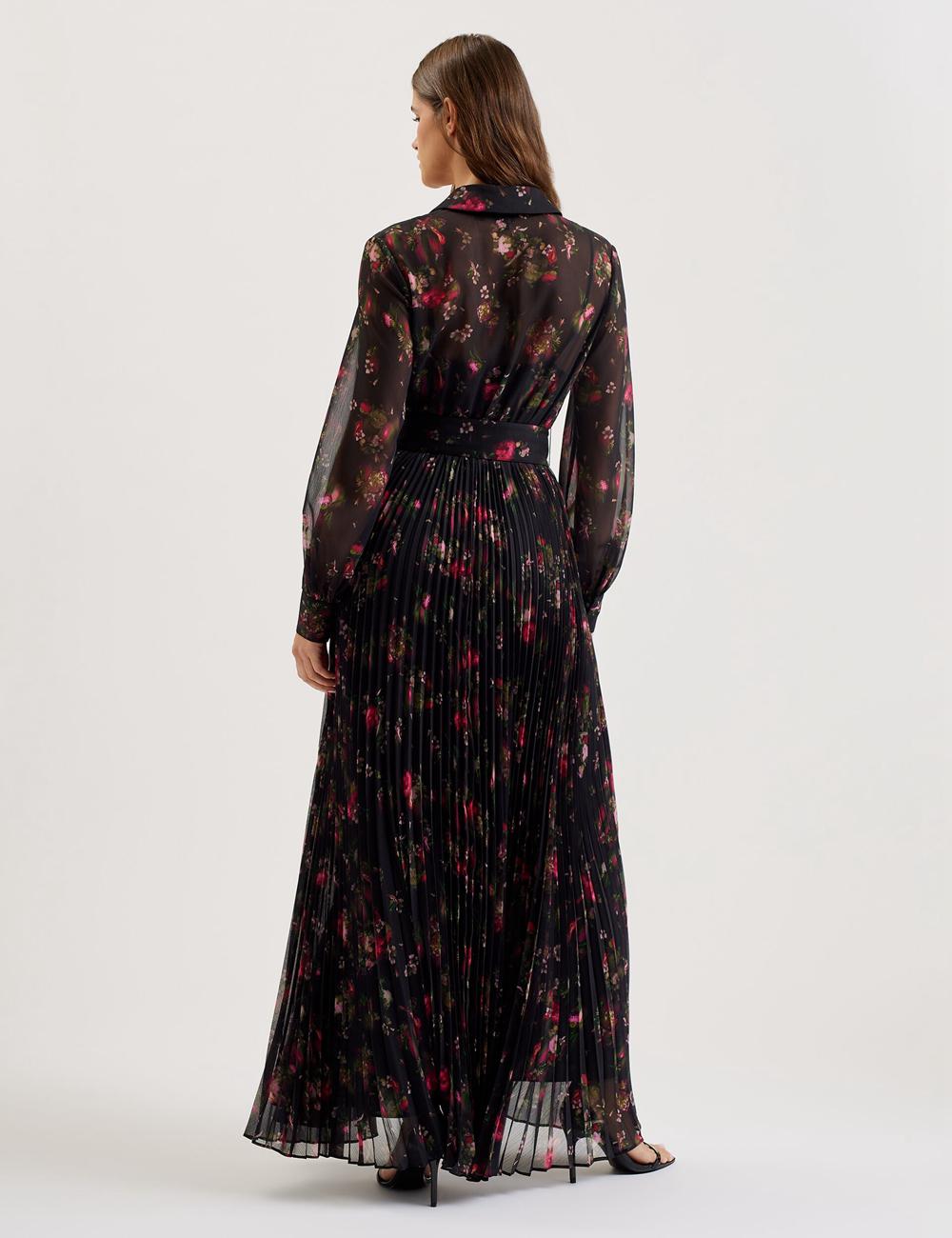 Ted Baker CEIBA - Floral Print Pleated Maxi Shirt Maxi Jurk Dames Zwart | Belgium  798031-JTX