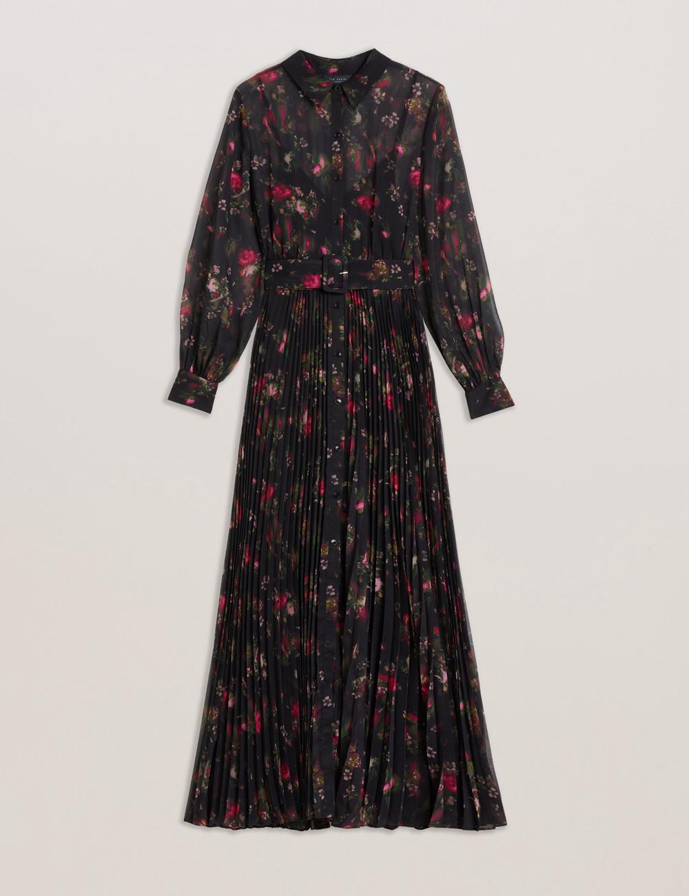 Ted Baker CEIBA - Floral Print Pleated Maxi Shirt Maxi Jurk Dames Zwart | Belgium  798031-JTX