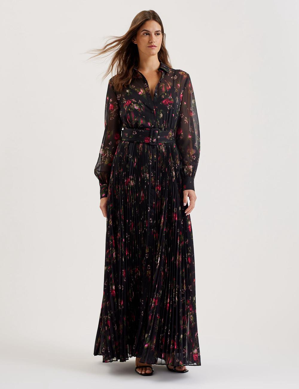 Ted Baker CEIBA - Floral Print Pleated Maxi Shirt Maxi Jurk Dames Zwart | Belgium  798031-JTX