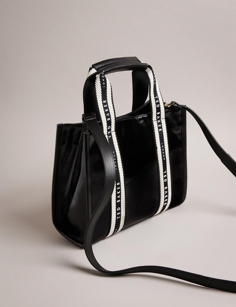 Ted Baker CELIANE - Branded Webbing Patent Small Tote Tassen Dames Zwart | Belgium  185230-ZJK