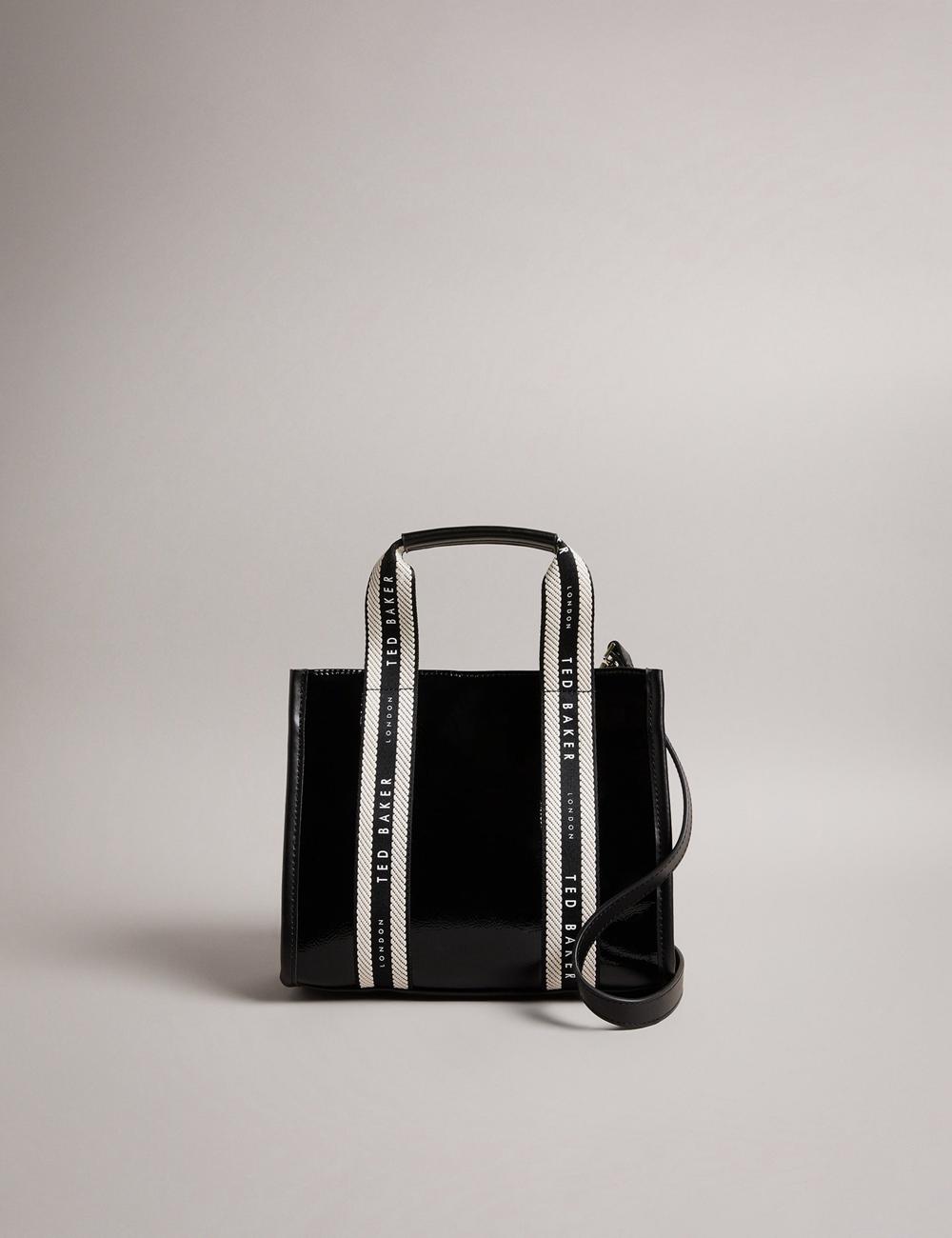 Ted Baker CELIANE - Branded Webbing Patent Small Tote Tassen Dames Zwart | Belgium  185230-ZJK