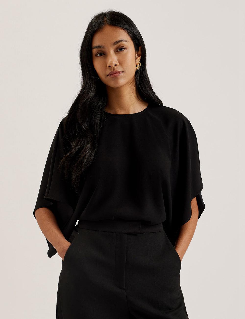 Ted Baker CHERIKA - Batwing Short Sleeve Satin Blouse Dames Zwart | Belgium  418365-VEW