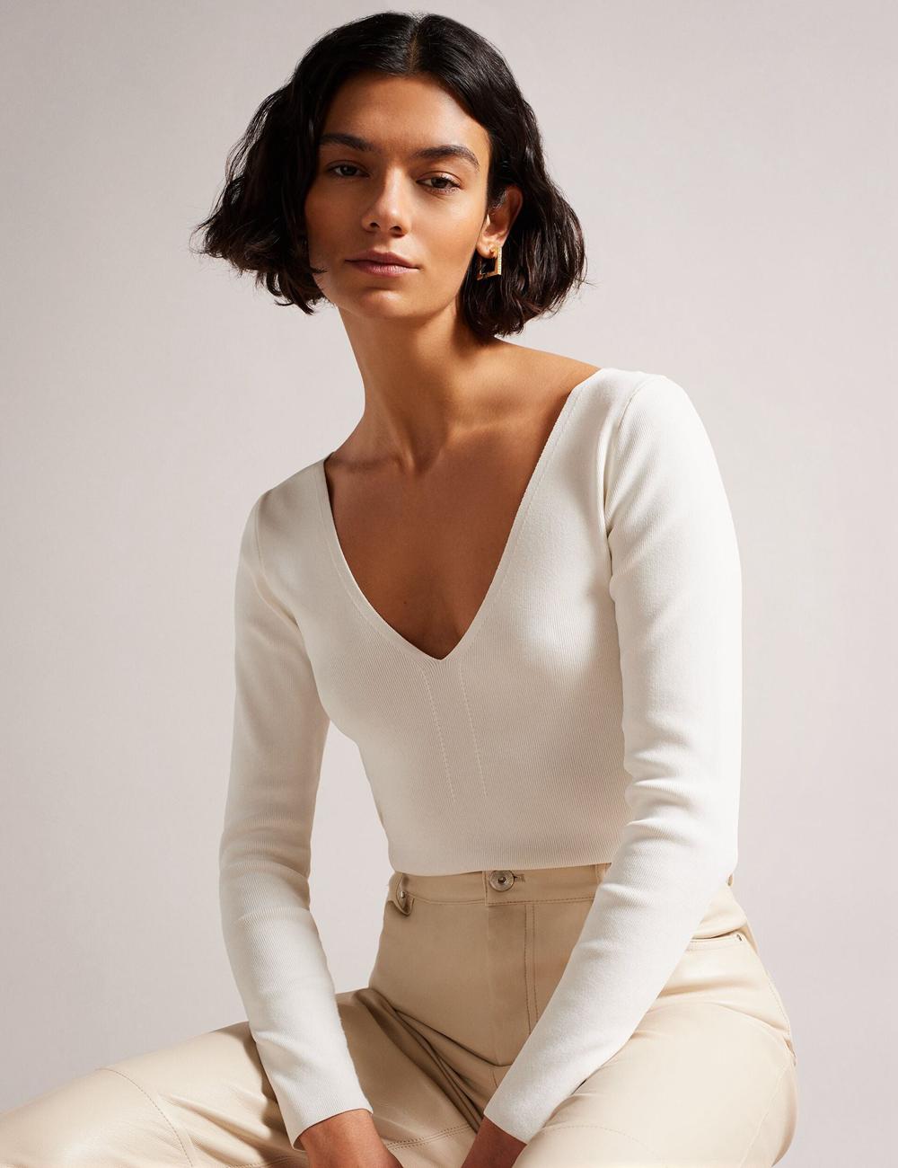 Ted Baker CILESTE - Fitted V-Neck Long Sleeve Knit Top Jumpers Dames Ivory | Belgium  890453-EDX
